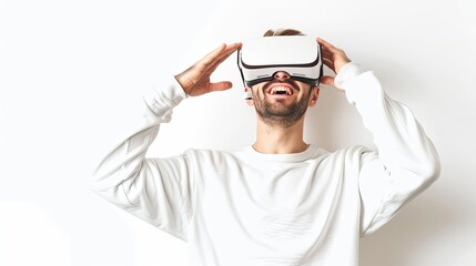 Fototapete - A man in a white shirt holds a virtual device above his head, wearing virtual reality glasses and a joyful expression. Generative AI