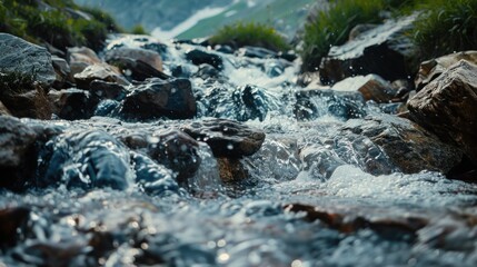 Wall Mural - A close-up of an alpine river stream with fast-running water and pebbles between mountain stones