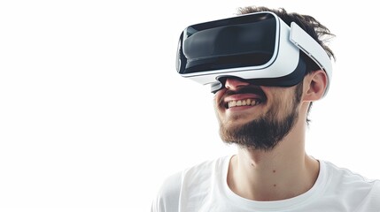 Fototapete - A bearded man joyfully explores a virtual world through his VR headset, his smile reflecting the wonders he beholds. Generative AI