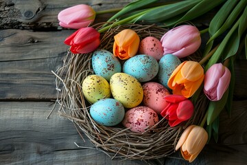 Canvas Print - Colorful eggs nest tulips