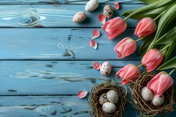 Canvas Print - Two eggs nest pink tulips other eggs