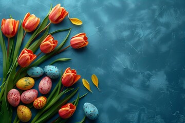 Canvas Print - Various colored eggs and tulips on blue surface