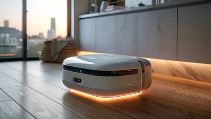 Poster - A white robot is seated on a wooden floor, showcasing its humanoid design in a modern interior setting.