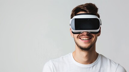Fototapete - A man wearing a virtual reality headset, smiling and immersed in a digital world, isolated on a white background. Generative AI
