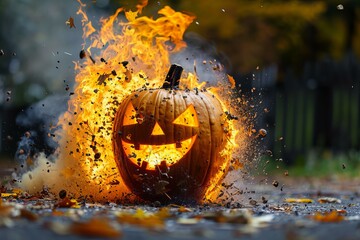 Wall Mural - Burning pumpkin close up on ground