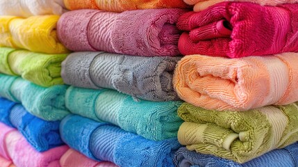 Wall Mural - A neatly stacked pile of vibrant, multicolored towels