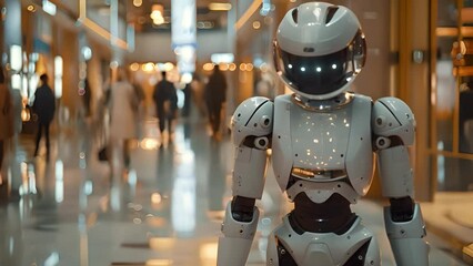 Poster - A white robot navigating through a busy shopping mall, blending in with the hustle and bustle of shoppers and store displays.