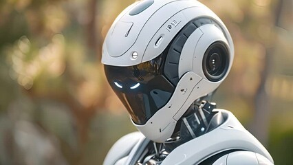 Poster - A white robot is positioned in front of a tree, showcasing a contrast between nature and technology.