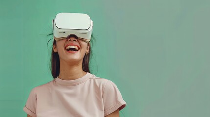 Fototapete - A girl joyfully wears white virtual reality glasses against a pastel green background. She smiles, immersed in the virtual world. Generative AI