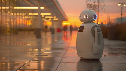 Poster - A robot is standing on a city sidewalk as the sun sets in the background, creating a contrast of man-made and natural elements.