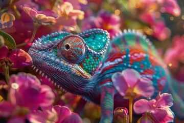 A colorful chameleon with vibrant colors perched on the flowers of an exotic plant