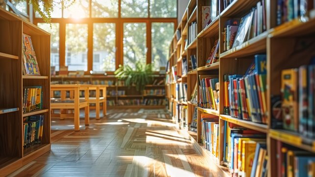 Sunlit library aisle with wooden bookshelves and tables. Stacks of colorful books under warm natural light create a cozy reading ambiance.