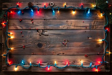 Wall Mural - Wooden board with christmas lights and a wreath