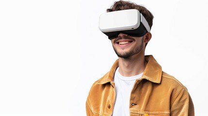 Wall Mural - A man joyfully explores virtual reality through his headset on a white background. Generative AI