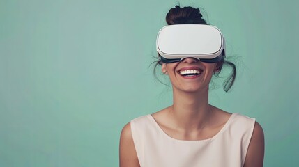 Fototapete - Young woman in a white top smiling while wearing virtual reality glasses on a pastel green background. Generative AI