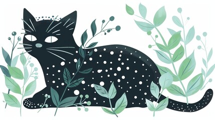 flat design illustration of a cute black cat in children style