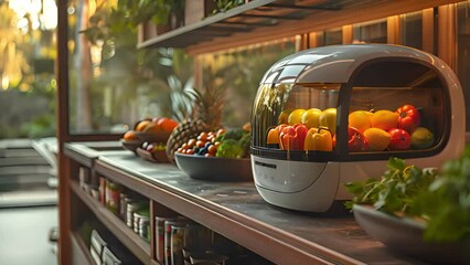 Poster - A robot is positioned on top of a kitchen counter, surrounded by kitchen appliances and utensils.