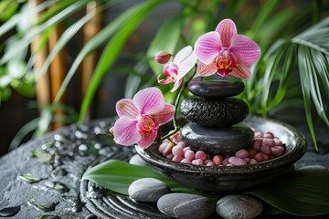 Canvas Print - Rocks and flowers in a bowl on a table