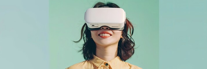 Fototapete - A woman with a yellow shirt, wearing virtual reality glasses, smiles on a pastel green background. Generative AI