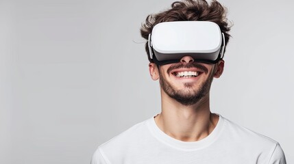Fototapete - A man immerses himself in virtual reality, exploring unseen worlds through his VR glasses. Generative AI