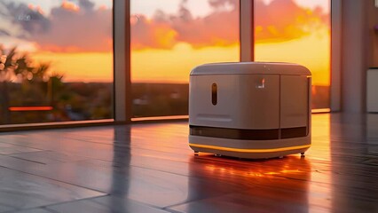 Poster - A robot is seated on a wooden floor indoors, facing a window in the background.