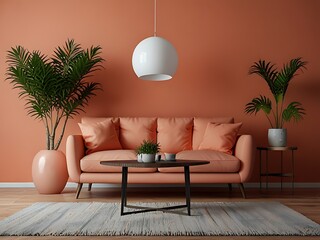 Wall Mural - Modern living room interior with sofa and green plants,lamp,table on living coral color wall background.