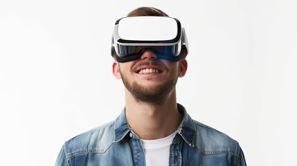 Fototapete - A happy man explores virtual reality with white goggles on a flat white background. Generative AI