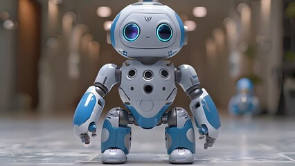 Poster - A blue and white robot is positioned in a hallway, displaying its unique design and features.