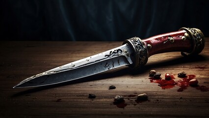 Sharp, possibly antique silver metal knife with a black sheath rests isolated on a white background