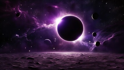 Abstract background of purple star field with solar eclipse.