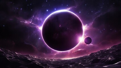 Abstract background of purple star field with solar eclipse.