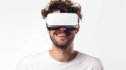 Fototapete - A man joyfully wears virtual reality glasses against a white backdrop, ready to explore a digital world. Generative AI
