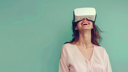 Fototapete - A woman wearing a pink shirt smiles while experiencing virtual reality through a headset on a pastel green background. Generative AI