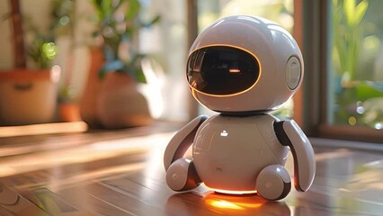 Poster - A small white robot is seated on a wooden floor, appearing stationary and surrounded by the warmth of the wood.