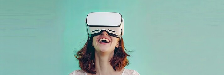 Fototapete - Young woman smiling while wearing white virtual reality glasses on a pastel green background. Generative AI