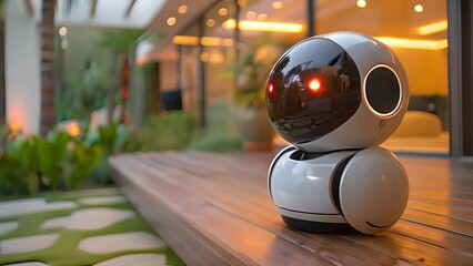 Poster - A robot is seated on a wooden deck outside a house, showcasing a blend of technology and nature.