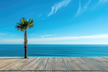 Wall Mural - A palm tree stands tall on a wooden deck under the sun