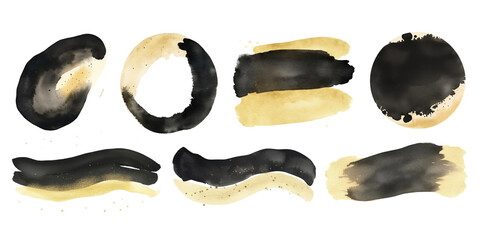 Wall Mural - Black and gold watercolor png element set on transparent background
