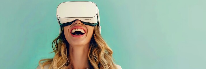 Wall Mural - Joyful young woman in white shirt smiling while wearing virtual reality glasses against a flat pastel green background. Generative AI