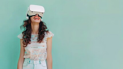 Fototapete - Smiling girl in white VR glasses on flat green background. Generative AI
