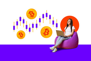 Aufkleber - Composite artwork collage image of girl sit bag use laptop think bitcoin graphic candles isolated on creative background
