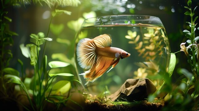 A single, exotic betta fish with flowing fins, floating serenely in a glass vase, surrounded by lush aquatic plants.