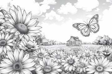 Wall Mural - Coloring pages of blossom flowers in the field with little house background