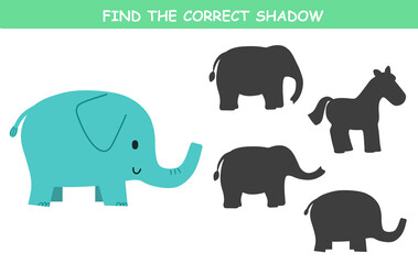 Wall Mural - Find the correct shadow of the cute illustration of elephant. Educational logic game for children. Printable worksheet.	