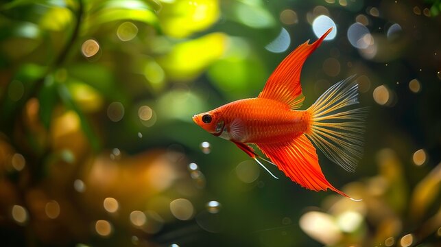 A vibrant, red swordtail fish flitting around a glass aquarium, its long, sword-like fin trailing behind.