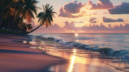 A beautiful sunset over the ocean with a palm tree in the foreground. The sky is filled with clouds, creating a serene and peaceful atmosphere. The water is calm, reflecting the colors of the sunset