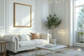 Poster - Serene living room with blank frame and modern, simple furniture for your background business, poster, wallpaper, banner, backdrop, greeting cards, and advertising for business entities or brands.