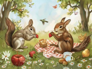 Two rabbits are sitting on a blanket and eating strawberries. There are also apples and pears on the blanket