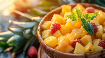Wall Mural - A bowl of fruit salad with raspberries and pineapple