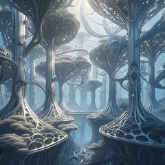 Wall Mural - an ethereal forest suspended between silver mallorn trees